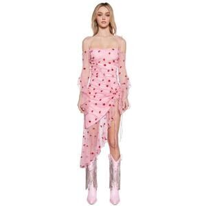 NWT Sugar Thrillz Evening Shade Mesh Embroidered Floral Dress Pink Womens Small